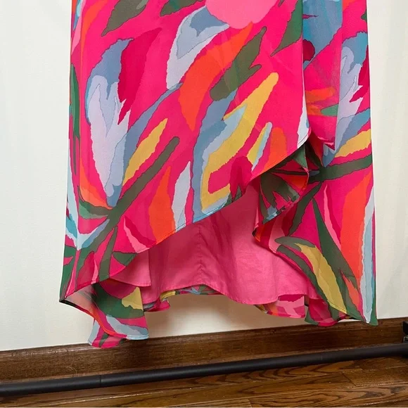 Vince Camuto Pink Tropical Print Wrap Midi Beach Vacation Wedding Event Dress - Picture 12 of 13